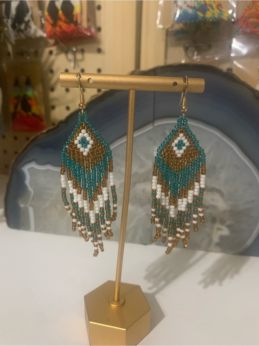 Kids Teal, White & Gold Beaded Fringe Earrings - Handmade Boho Drop